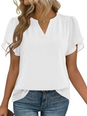 Women's Dressy Shirts Short Sleeve V Neck Work Blouse Chiffon Top White